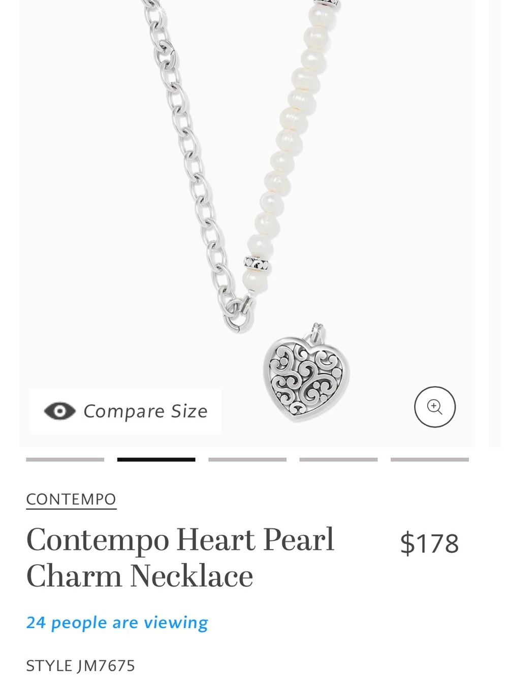 Brighton Silver Filigree Heart Necklace with White Pearls